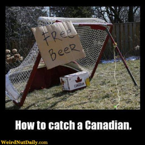 Case of Canadian beer under a hockey goal with a puck holding it up ...