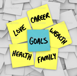Goals on Sticky Notes Health Wealth Career Love - Stock Image
