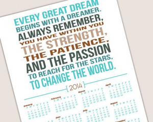 2014 Printable Year Calendar - Inspirational Quote - Instant Download