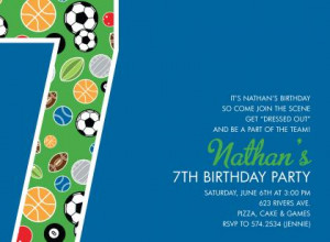 7th Birthday Sports Blue Birthday Invitations