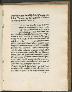 Page from Ficino's Translation of Hermes Trismegustus, published in ...