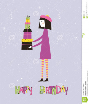 Happy birthday greeting card with a girl and gifts. Vector.
