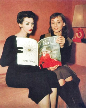 Audrey and Dovima on the set of Funny Face, 1957