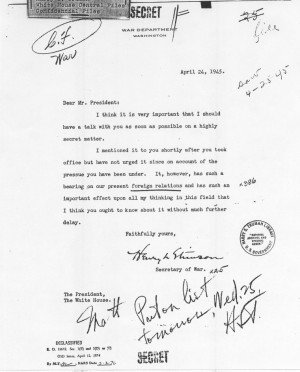 Henry Stimson to Harry S. Truman, April 24, 1945. Confidential File ...