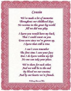 Love You Cousin Poems | To order and personalize the poem above with ...