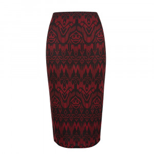 Red and Black Tapestry Print Midi Pencil Skirt
