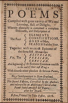 Title page, second (posthumous) edition of Bradstreet's poems, 1678