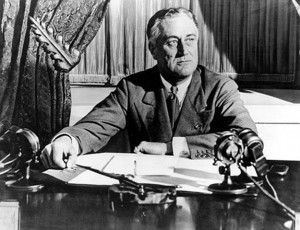 Frankling Roosevelt is making a radio press conference.