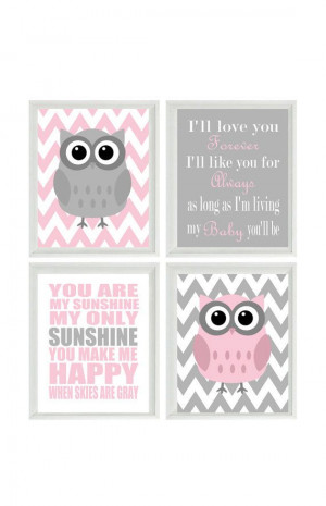 Nursery Art Owl Print Set - You Are My Sunshine Quote - Owls Gray Pink ...