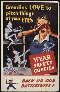 Gremlins tossing items at a woman without goggles operating a metal ...
