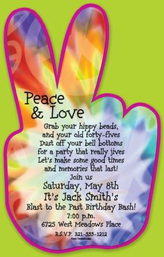 Peace love and party time invitations for 70's themed party More