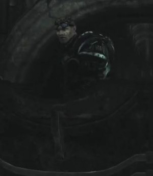 Baird in a mine cart deep under the Lethia Imulsion Facility.