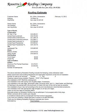 Roofing Estimate sample generated using The Roofing Estimator software ...