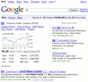 Enter a ticker symbol (ek) and Google returns a link to stock info.