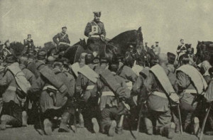 Tsar Nicholas II displaying an icon to Russian troops, 1914.