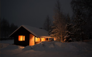 Free snow on cabin in woods wallpaper background