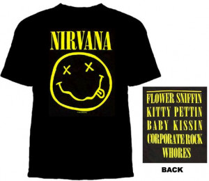 Nirvana- Cartoon Face on front, Quote on back on a black shirt