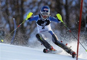 Mikaela Shiffrin of the U.S. clears a gate during the first run of the ...