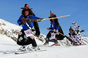 These funny witches are skiing in new style…
