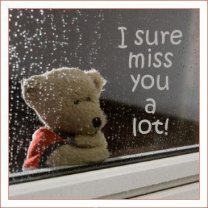 Quote with a cute teddy bear saying I miss you a lot! dear.