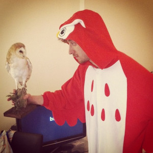 Arthur Darvill dressed as an owl, with an owl - all the awards!