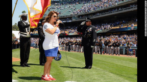 Rivera sings the national anthem at Dodger Stadium in Los Angeles in ...
