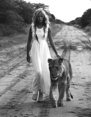 Girl In White Dress With Lion