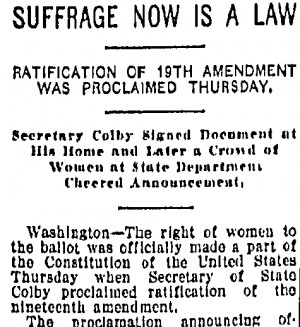 Suffrage Now Is a Law, Kansas City Star newspaper article 1 September ...