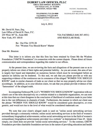 Letter from IP attorney to Women You Should Know attorney (7-6-12) 1 ...