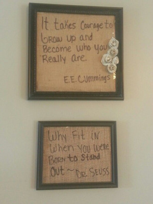 Quotes on burlap in picture frames.