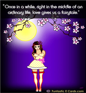 Greeting card with cherry blossom, pretty girl and quote saying 'Once ...
