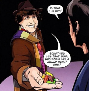 The Doctor offering jelly babies