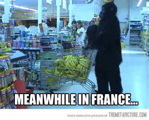 Funny photos funny monkey costume bananas supermarket