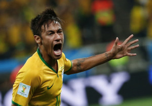 Brazil's Neymar celebrates his goal against Croatia during their 2014 ...