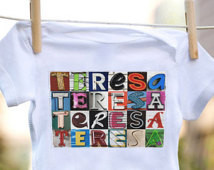 Baby bodysuit featuring the name TERESA showcased in photos of letters ...