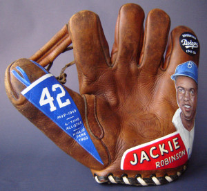 ... hand-painted baseball glove art featuring Jackie Robinson is sold