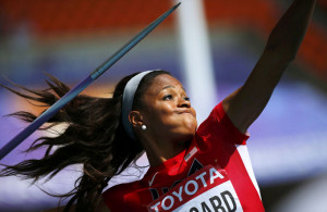 Bougard of the U.S. competes in the women’s heptathlon javelin throw ...