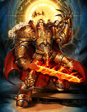 The Emperor of Mankind, resplendent in his golden Artificer Armour