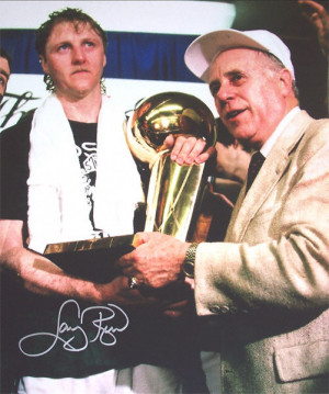 Larry Bird Boston Celtics with Auerbach and Trophy Autographed 16x20 ...