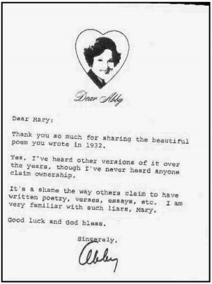 Secondly, a copy of the letter sent from 'Dear Abby' to Mary Frye ...