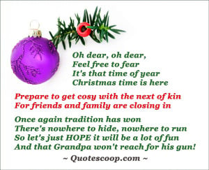Christmas greeting card with purple Christmas ball and a funny poem.