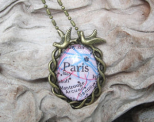 Paris map necklace in antique bronz e plated setting clear glass dome ...