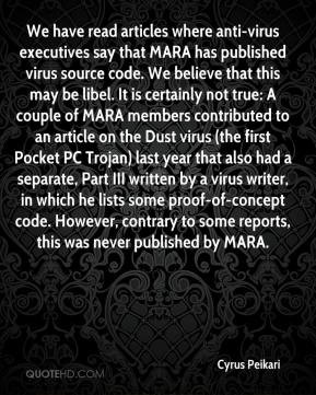 articles where anti-virus executives say that MARA has published virus ...