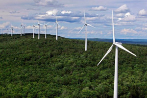 Wind turbines line a ridge on Stetson Mountain in Stetson, Maine, on ...