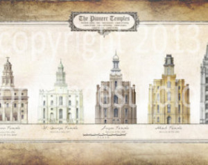 Mounted 20x10 inch giclee print of the LDS Pioneer temples by artist ...