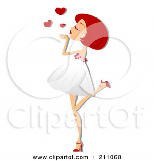 Pretty Red Haired Woman Blowing Heart Kisses In A White Dress