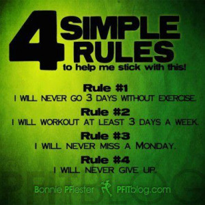 simple rules : I will never go 3 days without exercise, I will workout ...