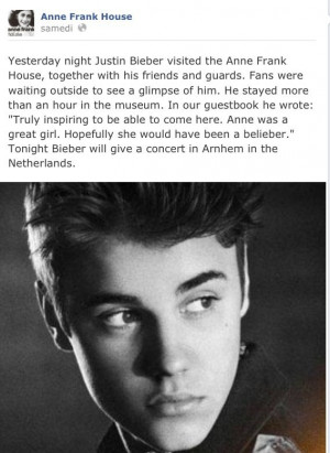Justin Bieber: Son dérapage sur la Shoah et d'Anne Frank met en émoi ...