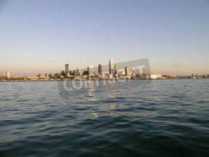 Stock photo of Cleveland Skyline from Lake Erie view at sunset.