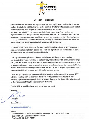 Appreciation letter from Brazilian Coach Mr. Luiz Greco